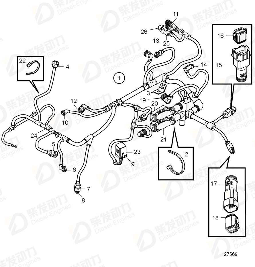 volvo penta Wiring harness 22872261 Drawing